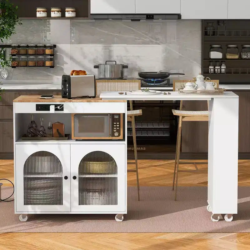 Isola da Cucina con Ruote e 2 Ante in Vetro, Carrello da Cucina con Tavolo Estensibile e Prese di Corrente, Isola da Cucina con Ripiani Laterali Aperti