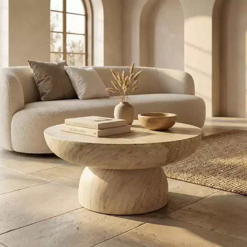 LeisureMod Lunexa Tavolino Rotondo in Fibra di Pietra Tavolino d'Appoggio con Piedistallo per Uso Interno o Esterno, Design Scolpito con Piedini Antiscivolo