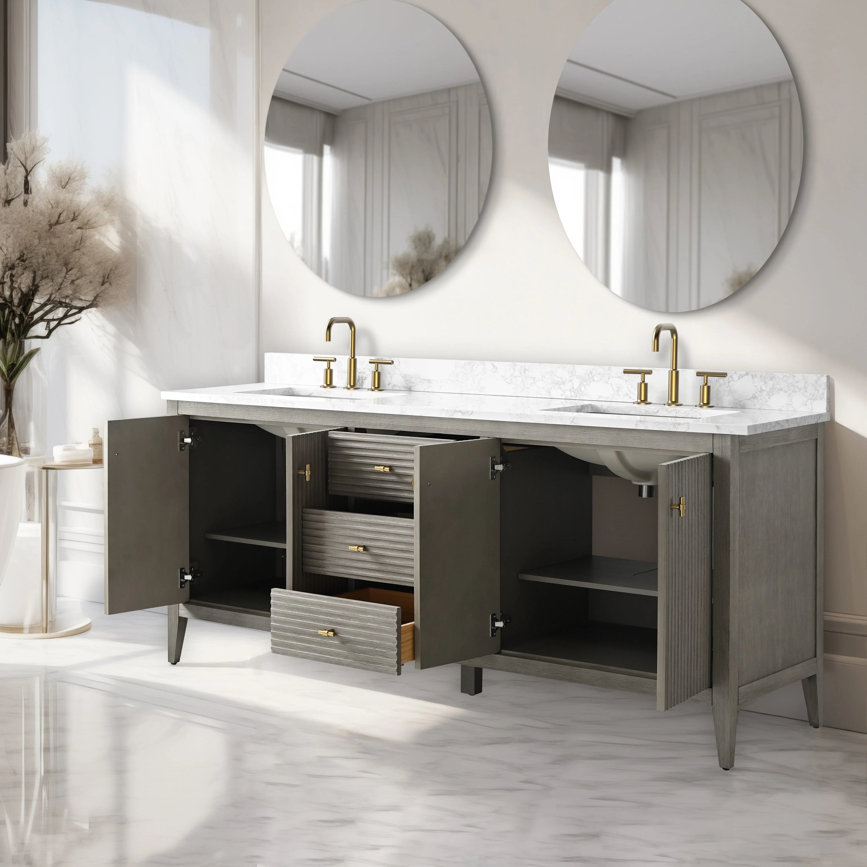 Mobile lavabo doppio Vanity Art 72 per bagno con piano in marmo composito
