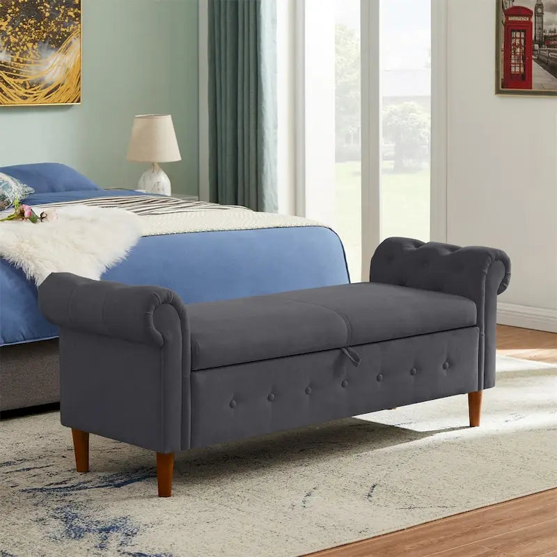 Panca contenitore per camera da letto, fondo letto, con braccioli arrotolati, in velluto, divano ottomana, panca lunga