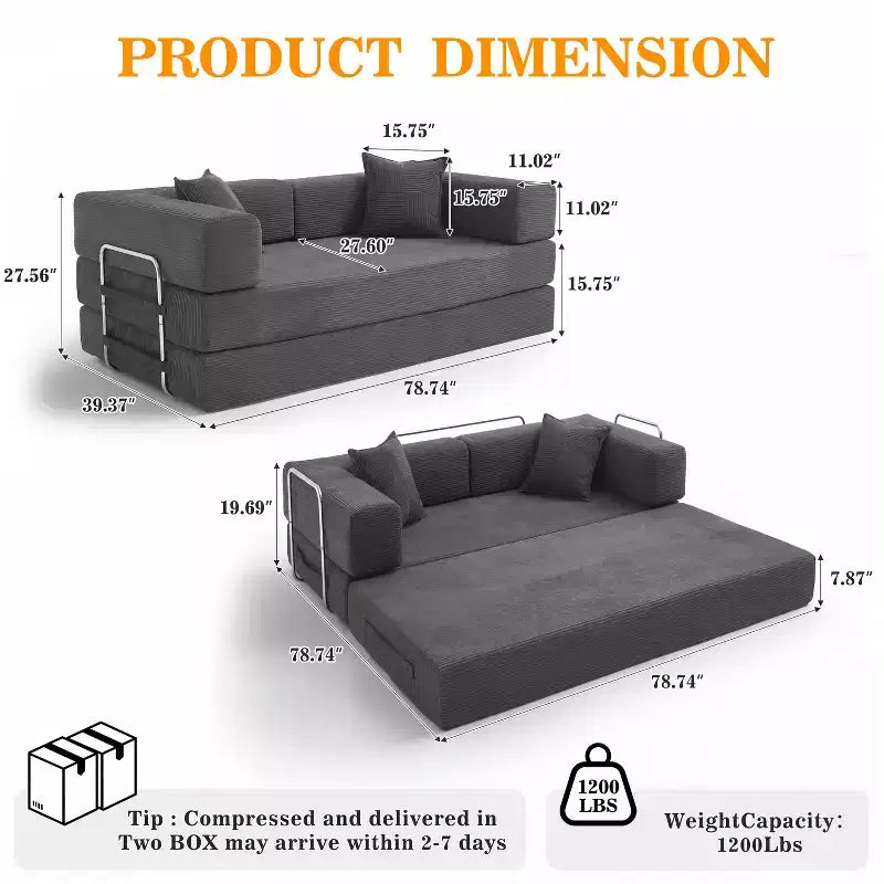 Dyonery 78Divano Letto Pieghevole Convertibile in Corduroy King Size Divano Letto a Pavimento Combinazione 4-in-1 Divano Modulare Componibile Divano Comodo Pieghevole.