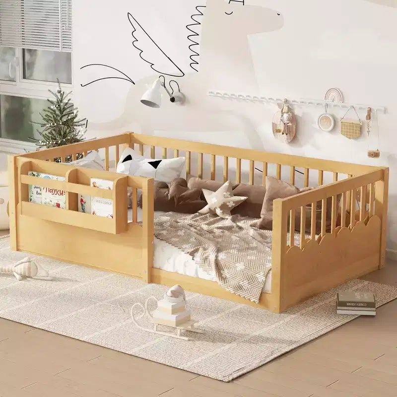 Lit d'enfant Bellemave avec clôture rehaussée et étagère, cadre de lit Montessori double en bois pour filles et garçons