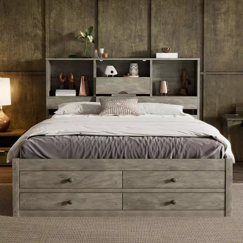 Letto a piattaforma Queen Size con ripiano portaoggetti e 8 cassetti, facile da montare