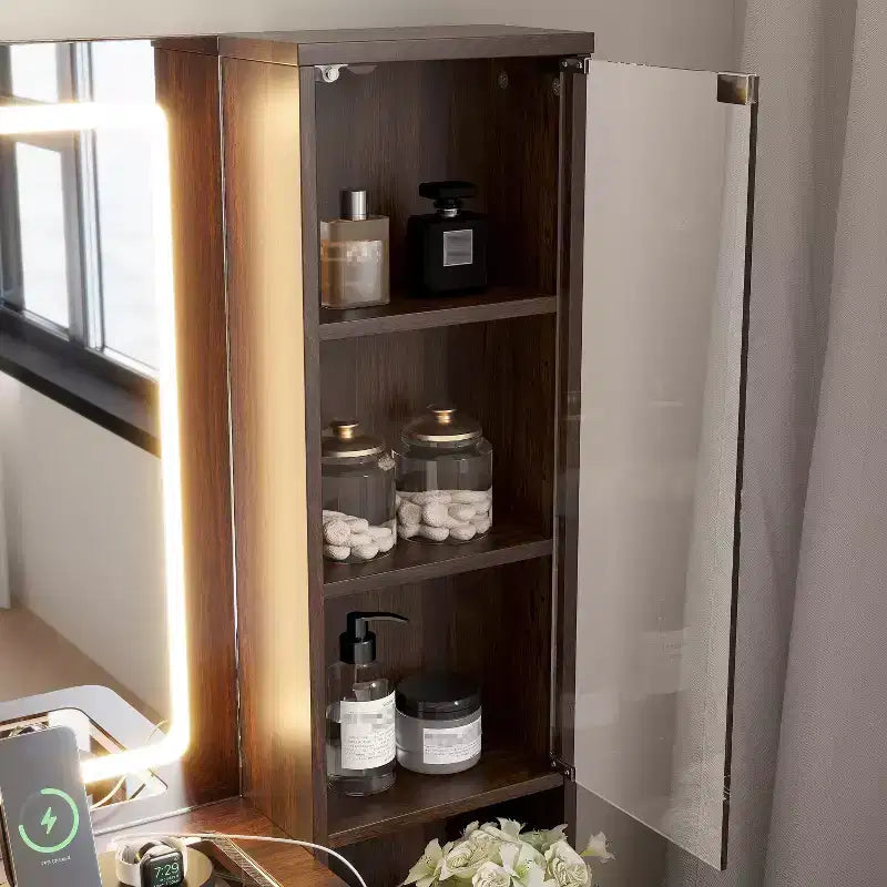 JVNOXK Set Toeletta Moderno da 43,5 Pollici con Specchio e Luce, con Cassetti e Mobiletto in Vetro Trasparente, Include Sgabello e Stazione di Ricarica, Marrone