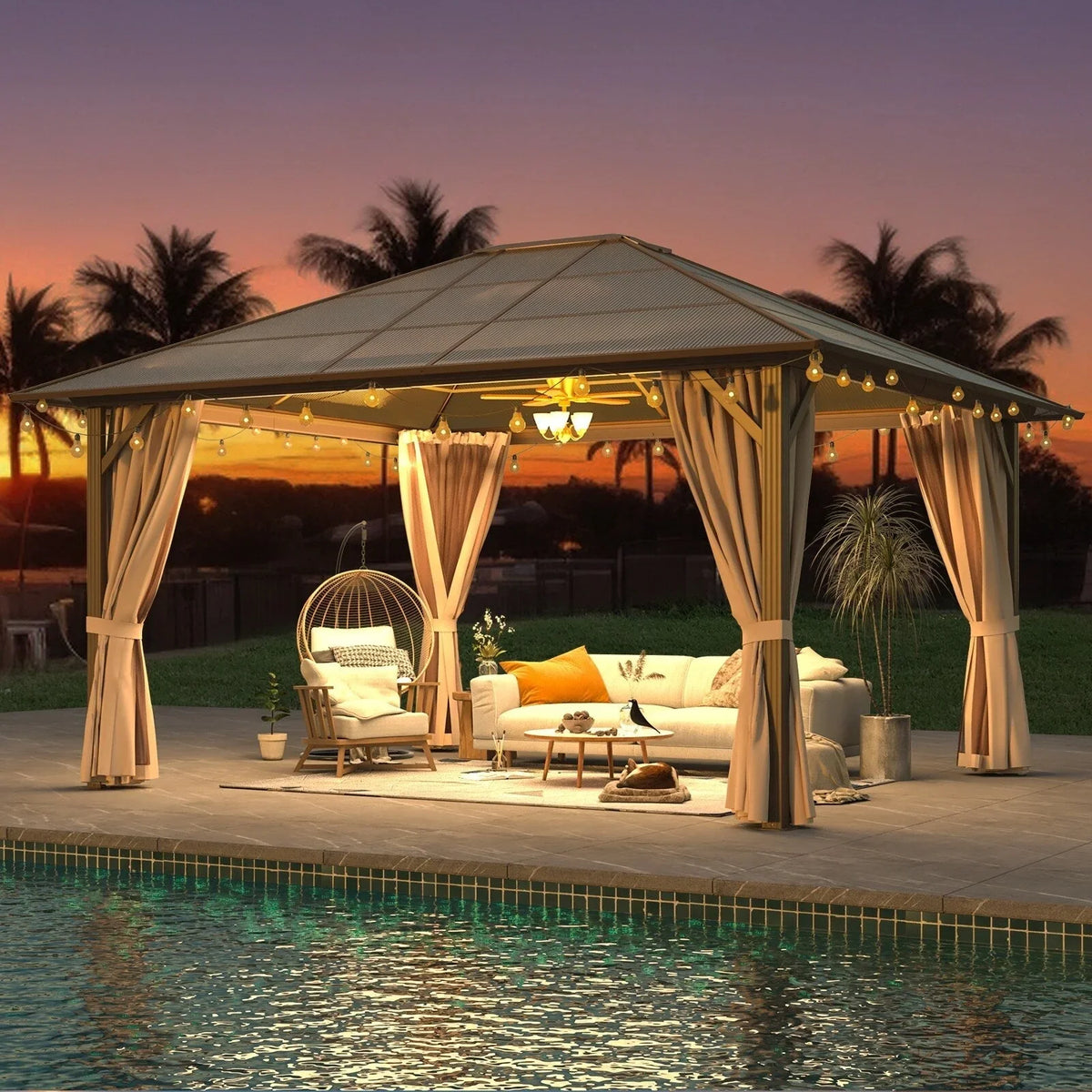 EROMMY Gazebo a tetto rigido, Pergola da esterno con doppio tetto, zanzariere e tende, Tenda da sole resistente per patio, cortile, feste in piscina