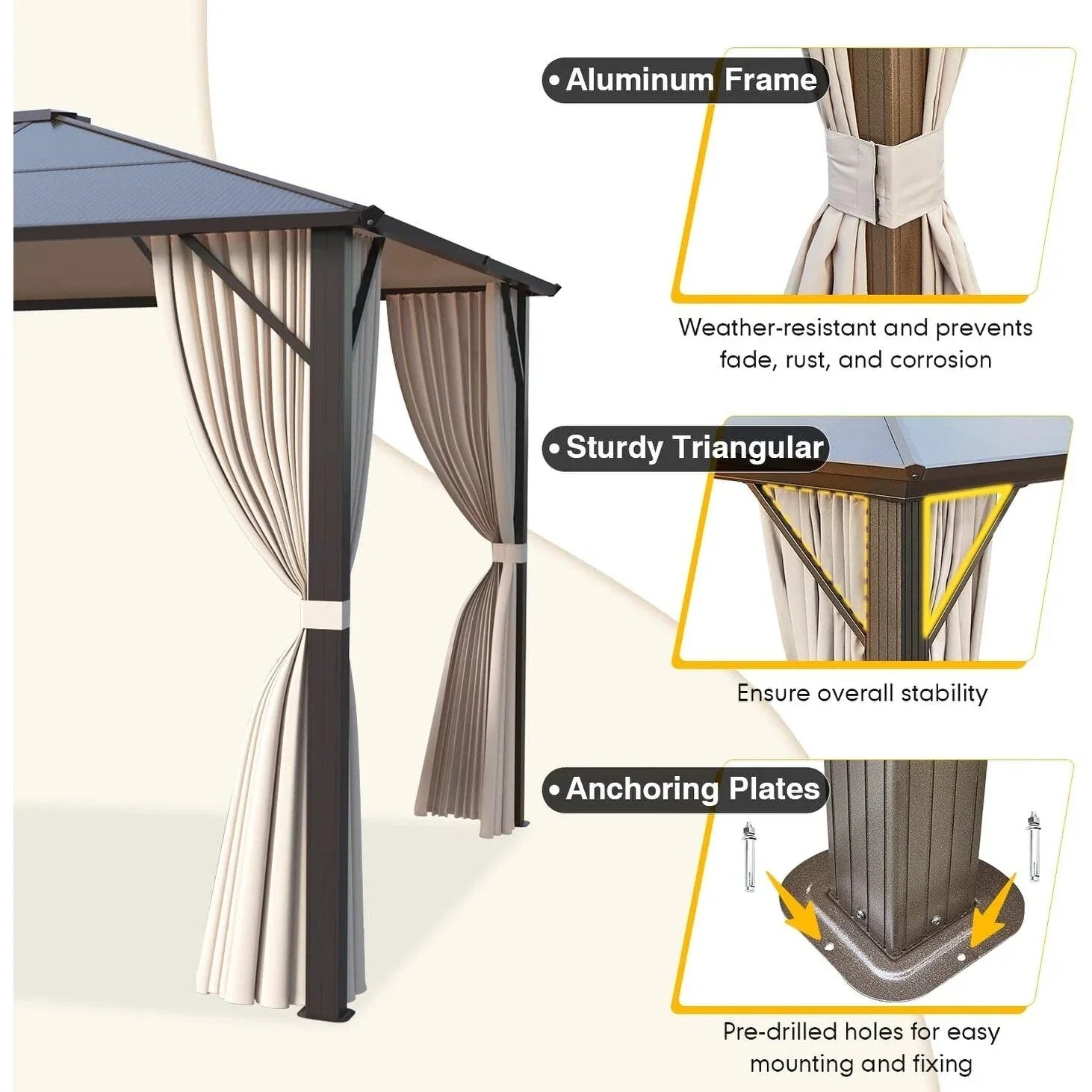 EROMMY Gazebo a tetto rigido, Pergola da esterno con doppio tetto, zanzariere e tende, Tenda da sole resistente per patio, cortile, feste in piscina