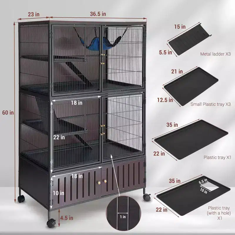 Gabbia per animali di piccola taglia, Gabbia per furetti - Habitat a 5 livelli da 150 cm con mobiletto, include amaca/ruote/rampe rimovibili/vassoi facili da pulire