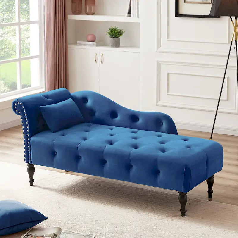 Moderna poltrona a sdraio imbottita in velluto da 60,6" con bottoni capitonné, gambe in legno massello e borchie