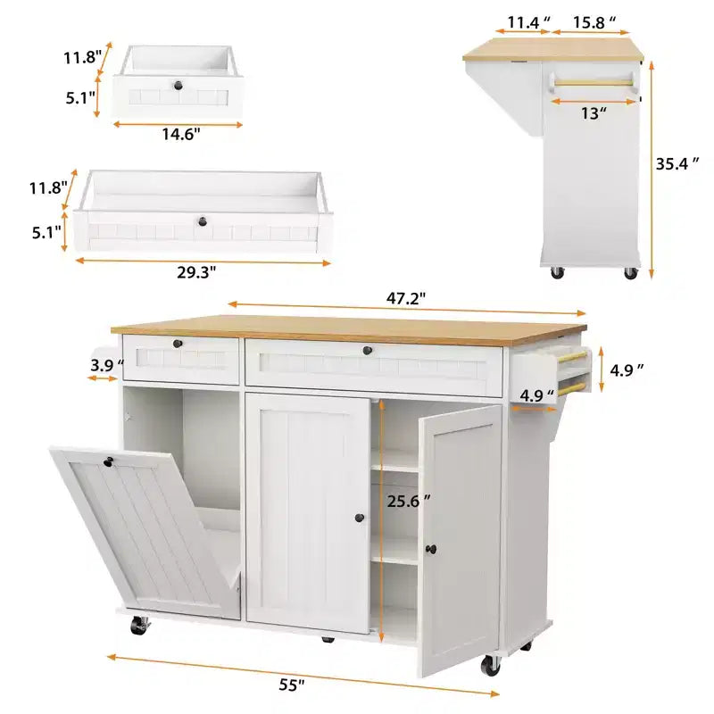 Tavolo da cucina mobile con isola da 55" con presa di corrente e anta a ribalta, carrello da cucina con isola su ruote e armadietto per pattumiera per la cucina