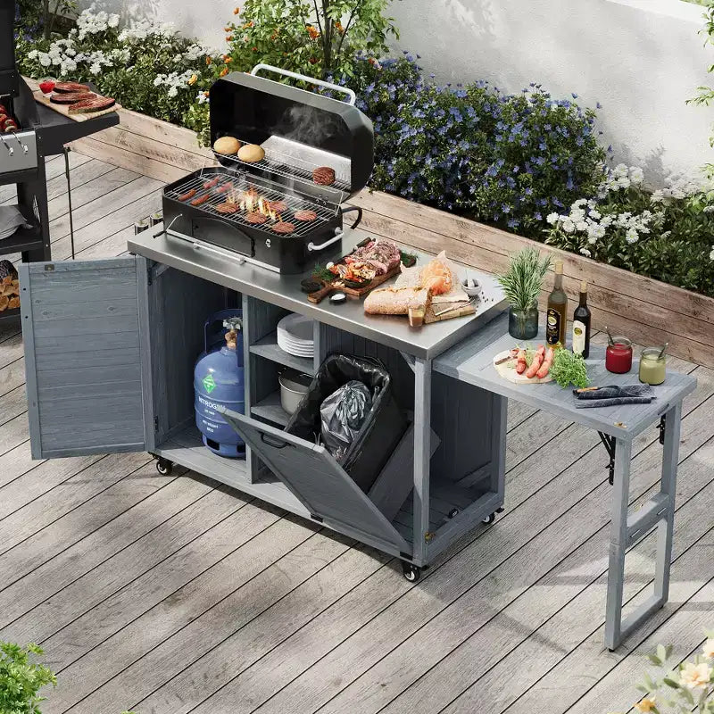 Isola cucina da esterno FAMYYT da 198,9 cm con piano di lavoro in acciaio inossidabile, stazione barbecue pieghevole e mobili contenitori, blu grigio