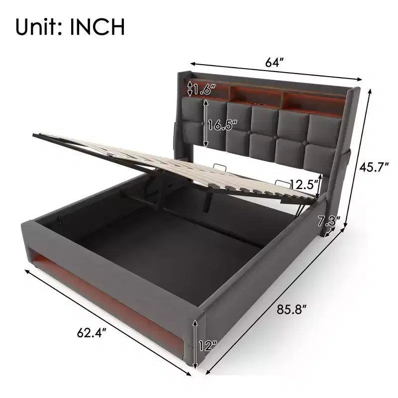 Letto Queen Size con Contenitore Idraulico, LED, USB, Testiera Imbottita, Nessuna Rete a Molle, Facile Montaggio