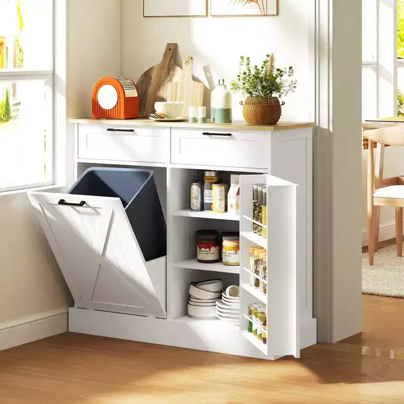 Mobiletto portarifiuti a scomparsa HOMCOM con cassetti, mobiletto da cucina in stile rustico con pattumiera nascosta