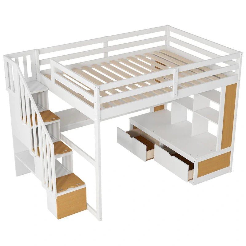 Letto a soppalco in legno massello naturale + bianco con scrivania e cassetti