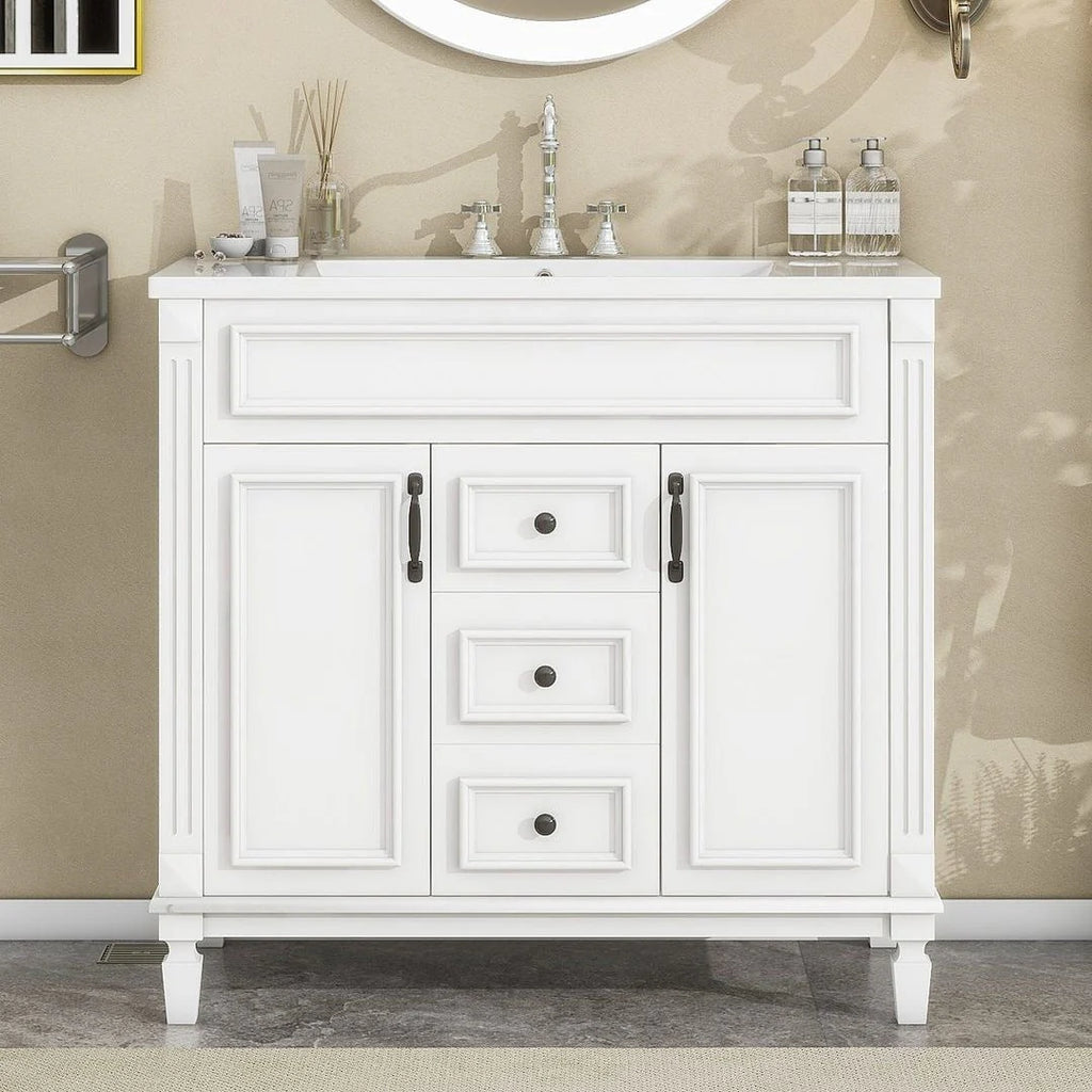 Mobile Bagno Moderno da 90cm con Lavabo Integrato e Specchiera, 2 Ante e 2 Cassetti