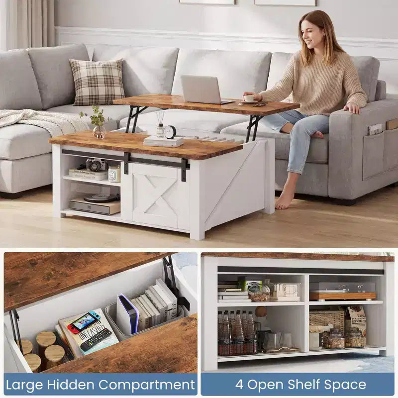 JIONJOY 31.5 Tavolino da Caffè con Piano Sollevabile, Ampio Vano Contenitore Nascosto, Scaffali Regolabili, Tavolo Centrale Quadrato in Stile Rustico per Soggiorno, Piccoli Spazi