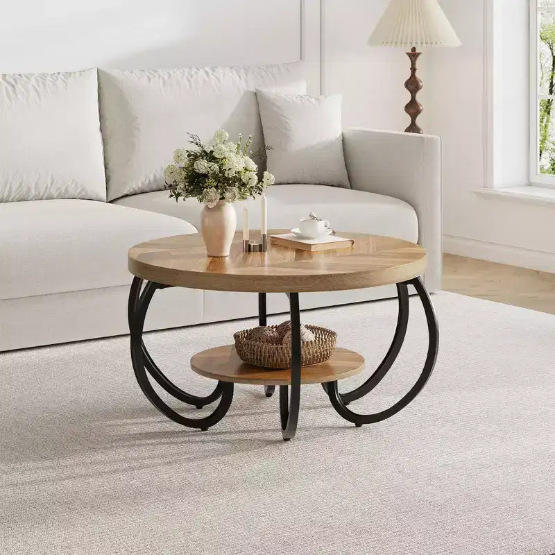 Tavolino Industriale Rotondo da 30 Pollici a 2 Livelli con Piedini Regolabili Ripiano Effetto Legno Design Fiamma Facile da Montare Soggiorno
