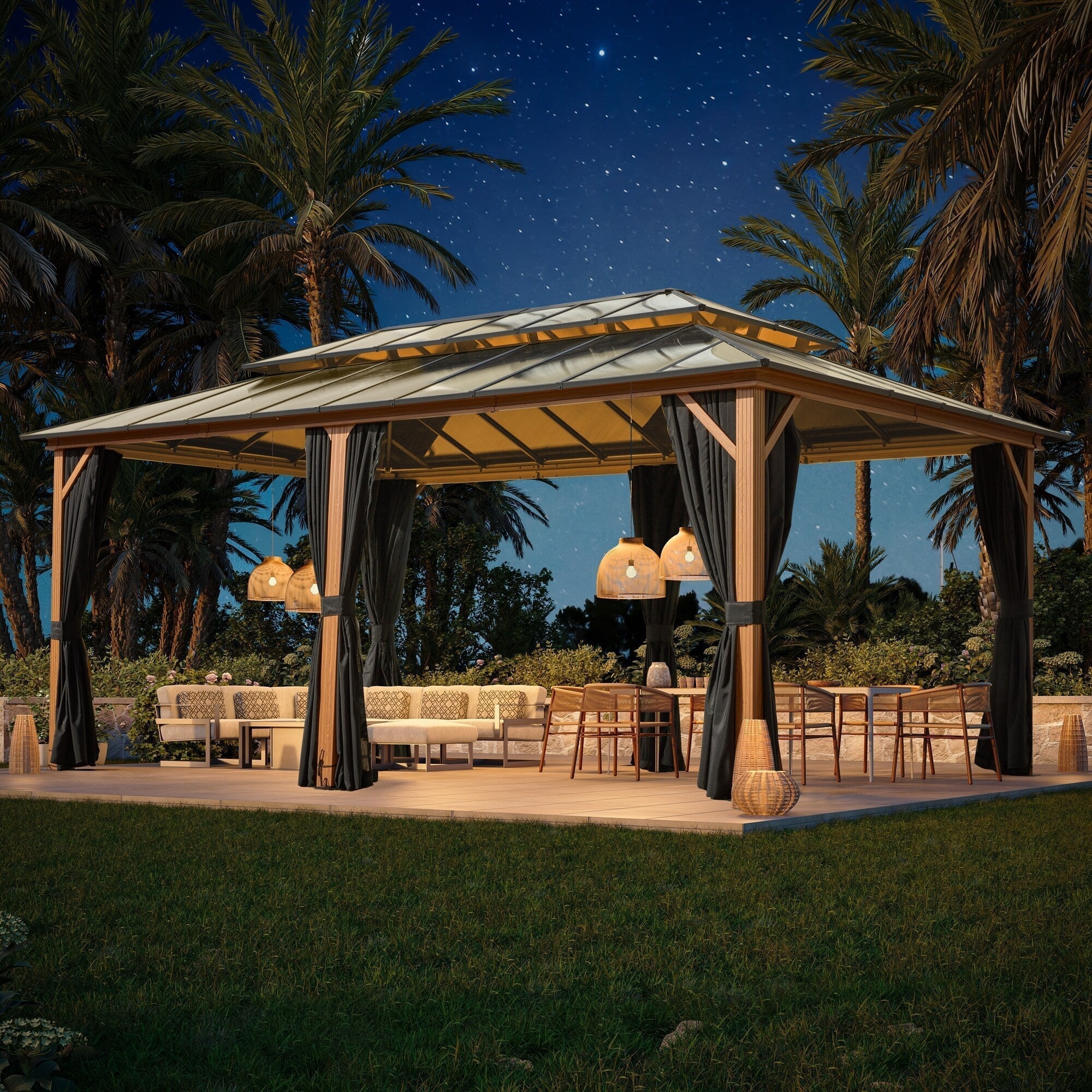 EROMMY Gazebo a tetto rigido, Pergola da esterno con doppio tetto, zanzariere e tende, Tenda da sole resistente per patio, cortile, feste in piscina
