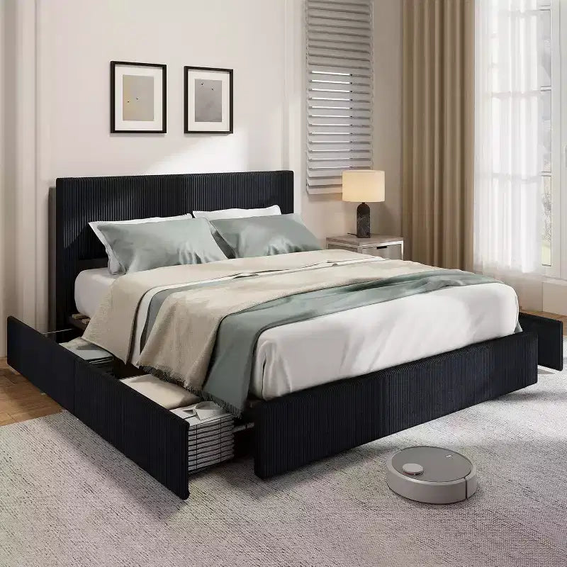 CuisinSmart - Struttura letto in velluto a coste con testiera, struttura letto imbottita con piattaforma con 4 cassetti portaoggetti e supporto a doghe in legno