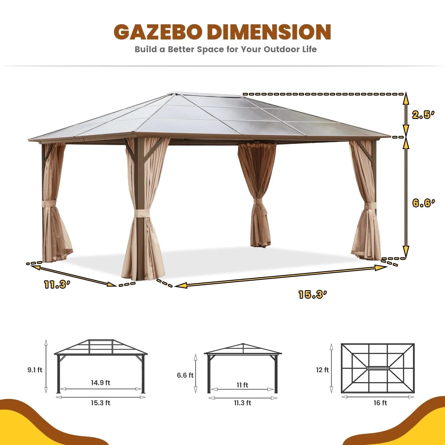EROMMY Gazebo a tetto rigido, Pergola da esterno con doppio tetto, zanzariere e tende, Tenda da sole resistente per patio, cortile, feste in piscina