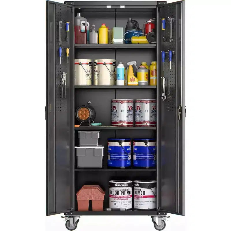 Armoire de rangement de garage avec roues et panneau perforé, armoire de rangement métallique verrouillable de 72 po de hauteur avec 2 portes et 4 étagères réglables pour atelier de garage