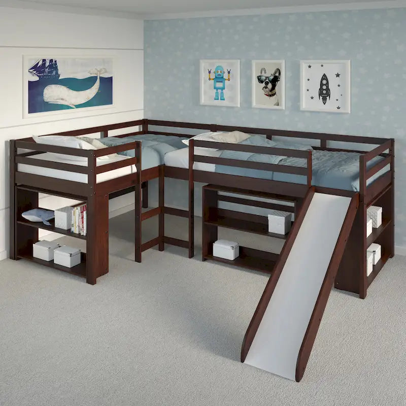 Set camera da letto a soppalco con scivolo a L, doppia matrimoniale, color cappuccino scuro