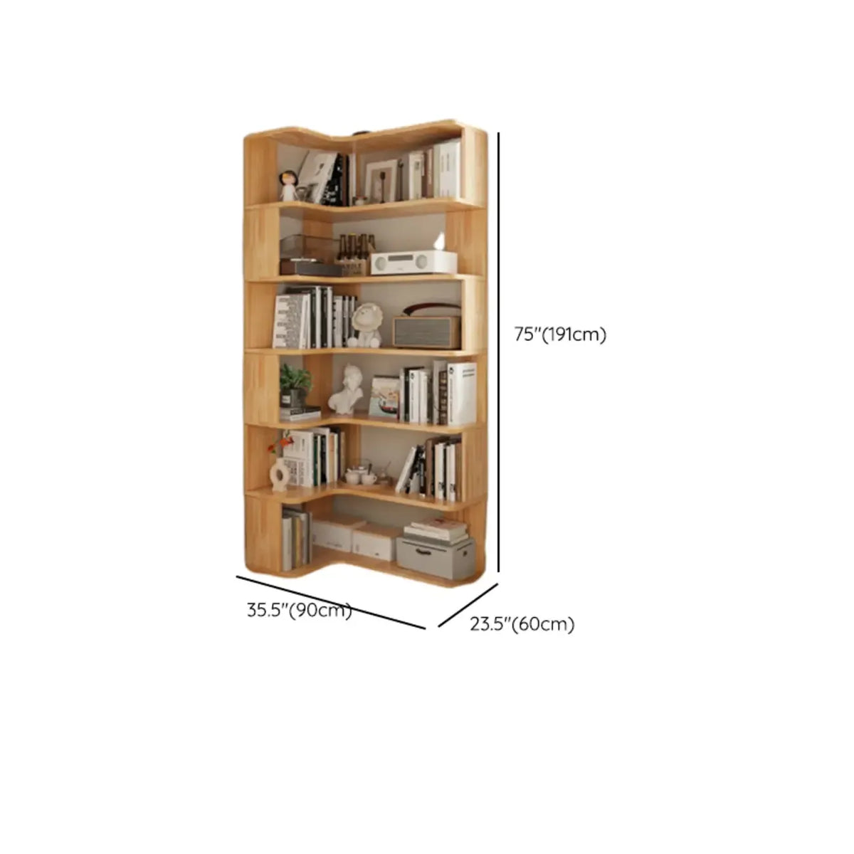 Libreria verticale angolare in legno con schienale aperto e finitura naturale