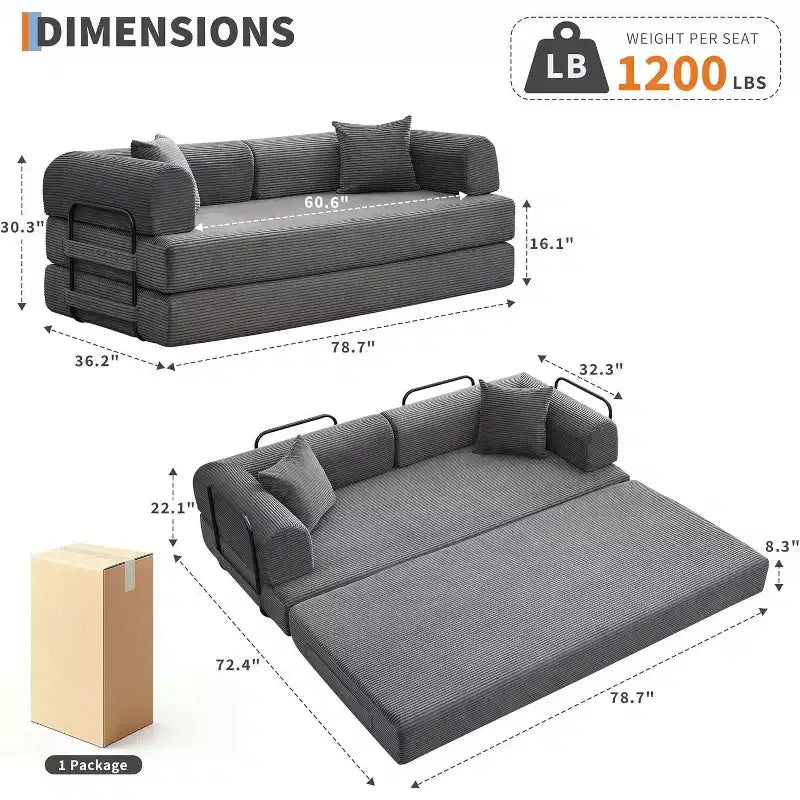 Divano letto convertibile 2 in 1, comodo divano letto pieghevole in velluto a coste con seduta profonda e ampi braccioli, divano senza struttura, per soggiorno, appartamenti