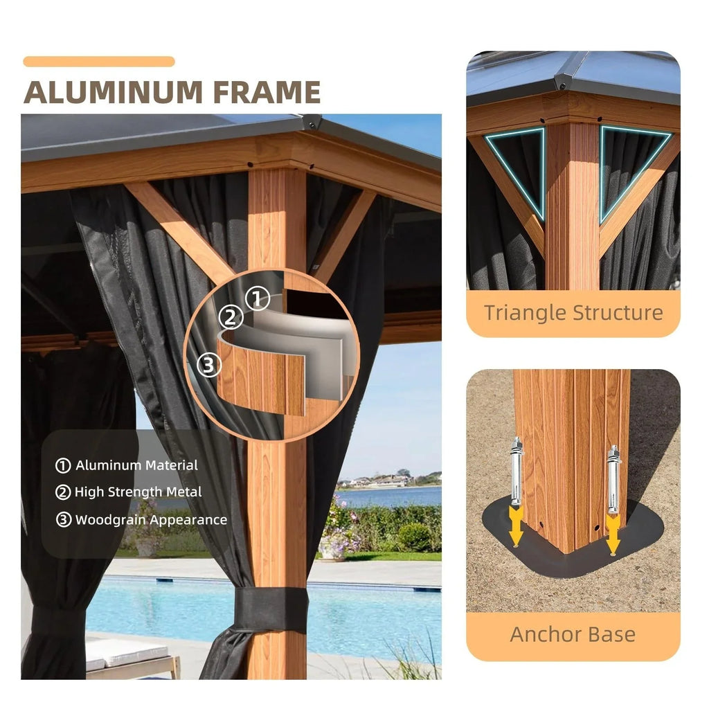 EROMMY Gazebo a tetto rigido, Pergola da esterno con doppio tetto, zanzariere e tende, Tenda da sole resistente per patio, cortile, feste in piscina