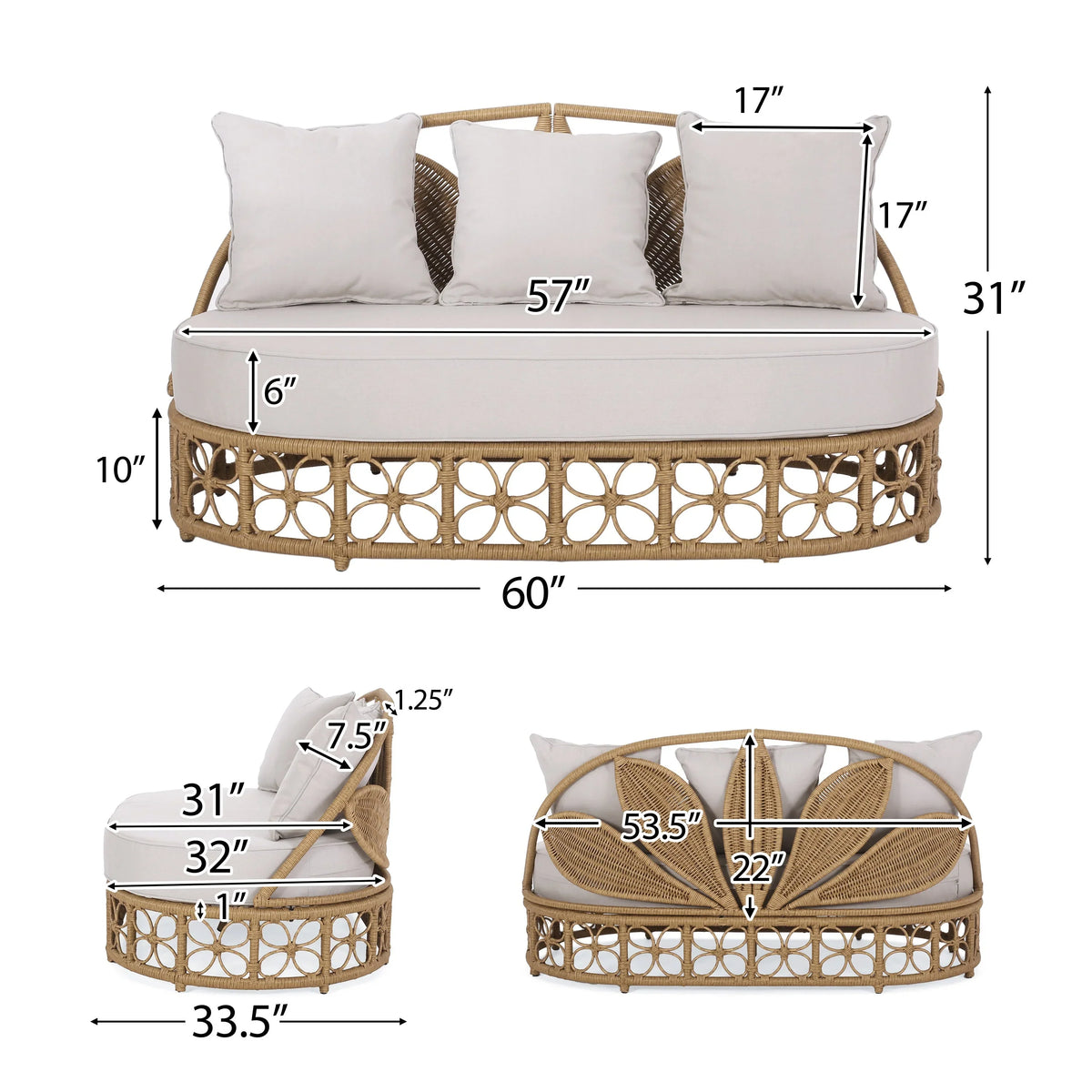 Homan Letto da giorno in vimini per esterni con cuscini, marrone chiaro e beige