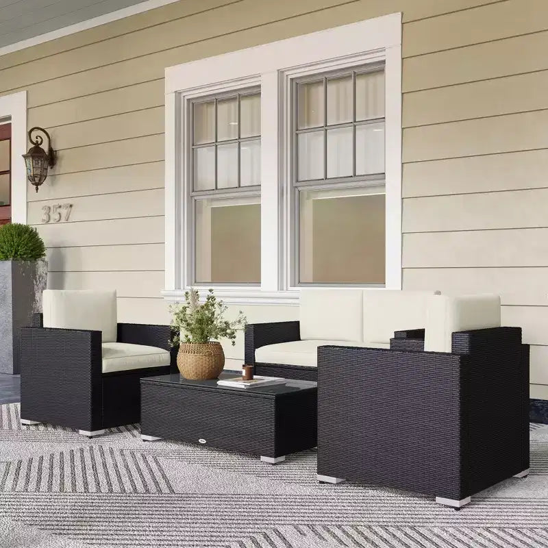 Set Divano in Rattan da 4 Pezzi, Set Divani da Esterno in Vimini con Divanetto Sedie Tavolino con Piano in Vetro per Giardino