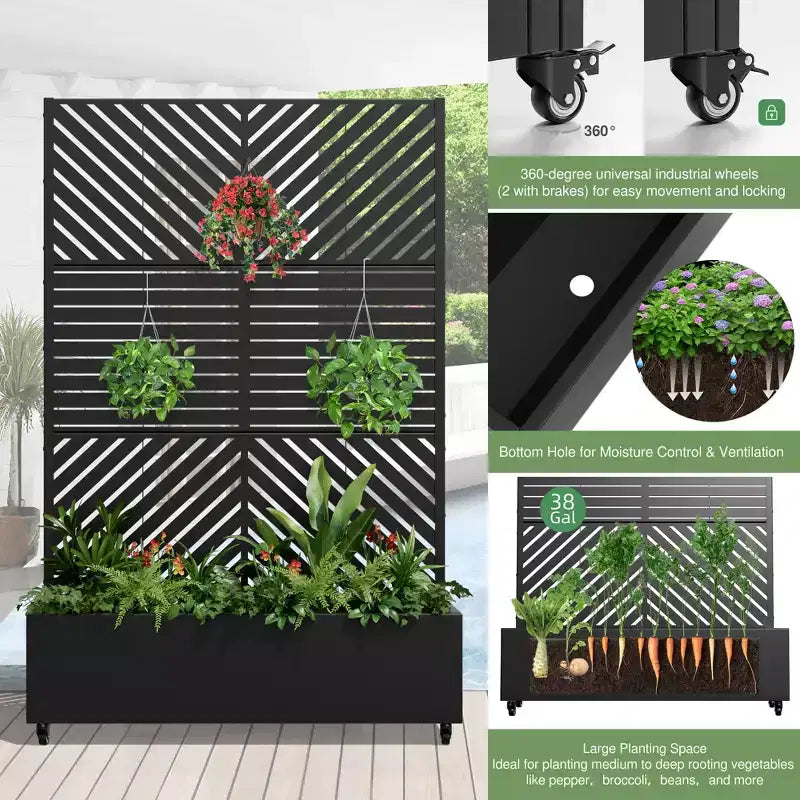 MAYEERTY Fioriera con traliccio in ferro nero Linea parallela 01 Stile combinato classico a persiana 183x119x41 cm Set da 3 pezzi