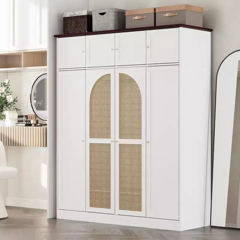 Armadio Guardaroba a 8 Ante di Grande Capacità, Alto 180 cm, con Asta Appendiabiti, Ripiani Regolabili e Ante Decorative in Rattan