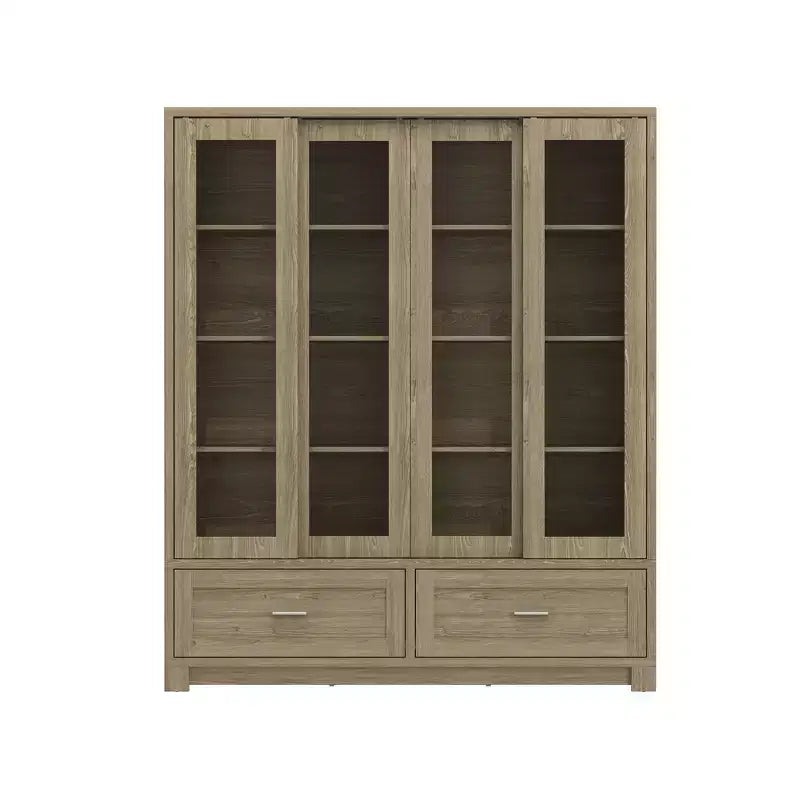 Libreria espositiva Famapy in rovere chiaro: 63W, ante scorrevoli in vetro + cassetto. Ampio organizer per biblioteche domestiche e soggiorni