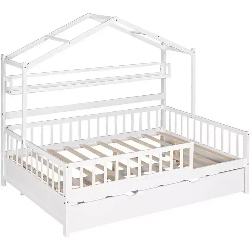 Acekool Letto a capanna a grandezza naturale con letto estraibile singolo, cassetti e ripiani portaoggetti, tetto e recinzione, letto a piattaforma per bambini, bianco