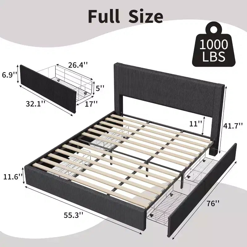 CuisinSmart - Struttura letto in velluto a coste con testiera, struttura letto imbottita con piattaforma con 4 cassetti portaoggetti e supporto a doghe in legno