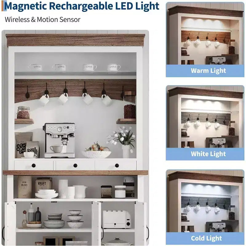 Mobile bar da caffè in stile rustico alto 72 pollici con luci LED, credenza da cucina con ante e cassetti, ripiani regolabili, ampio spazio di archiviazione
