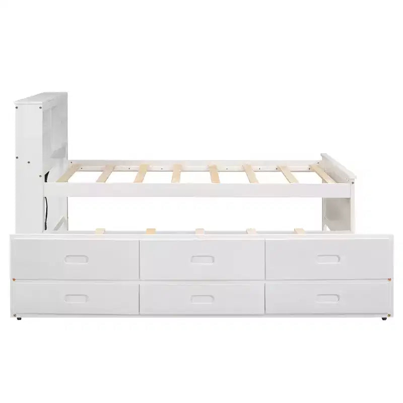 Letto a piattaforma con letto estraibile e cassetti, Letto a piattaforma contenitore con USB, Letto a piattaforma in legno con libreria