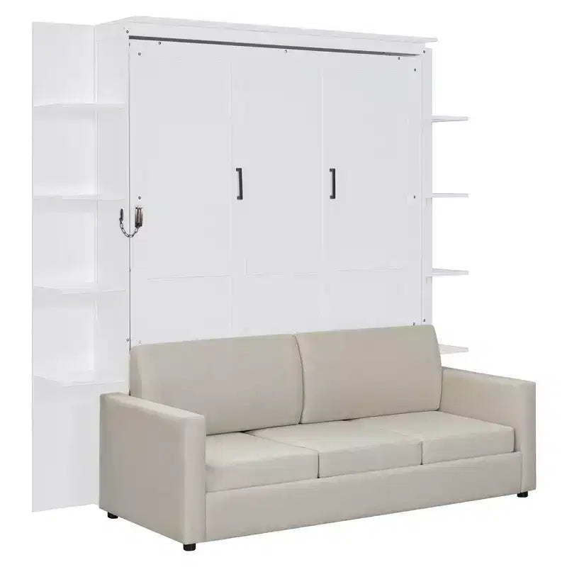 Letto a scomparsa Queen Murphy con divano, letto a scomparsa Queen Size con armadio, letto a parete pieghevole con libreria e mensole per camera degli ospiti o ufficio
