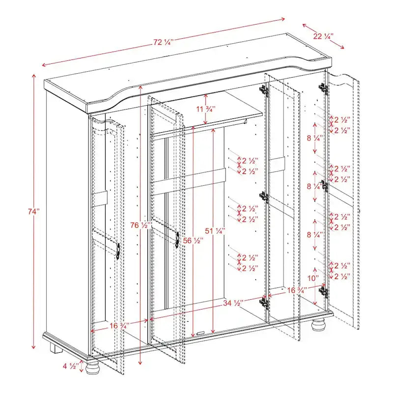 Palace Imports Armadio Kyle a 4 Ante in 100% Legno Massello con Ante in Legno Massello o a Specchio