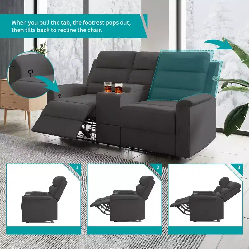 Divanetto reclinabile in tessuto tecnico beige/grigio, 2 posti, schienale e poggiapiedi regolabili
