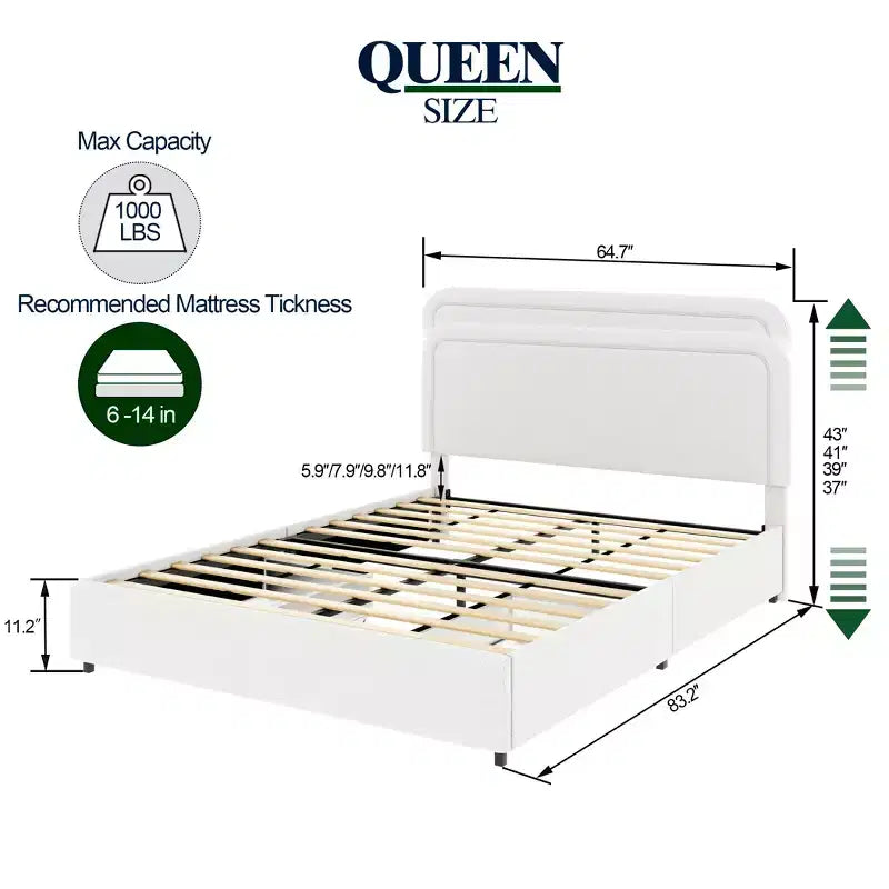 Letto Queen Size Moderno Rivestito in Bouclé con Cassetti Contenitore