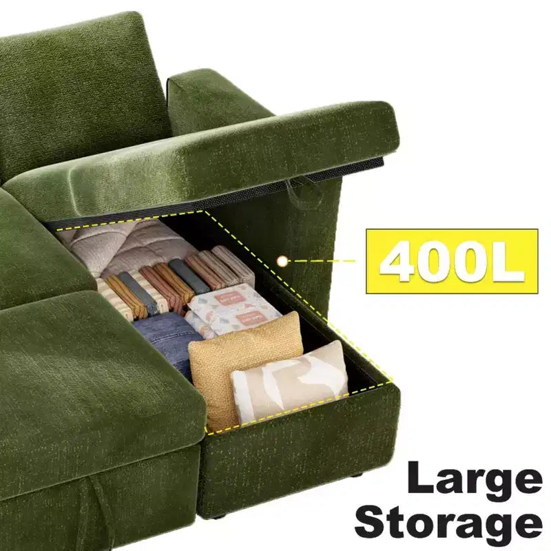 Divano Letto Estraibile 2 in 1 con Chaise Longue Contenitore, Divano Componibile in Ciniglia con Porte USB per Soggiorno