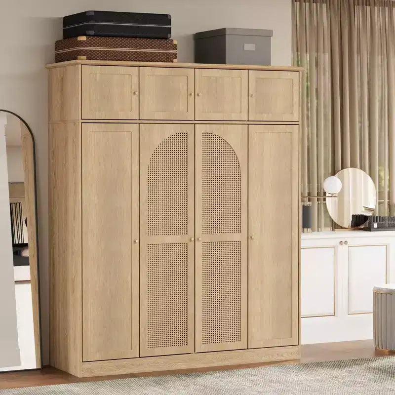Armadio Guardaroba a 8 Ante di Grande Capacità, Alto 180 cm, con Asta Appendiabiti, Ripiani Regolabili e Ante Decorative in Rattan