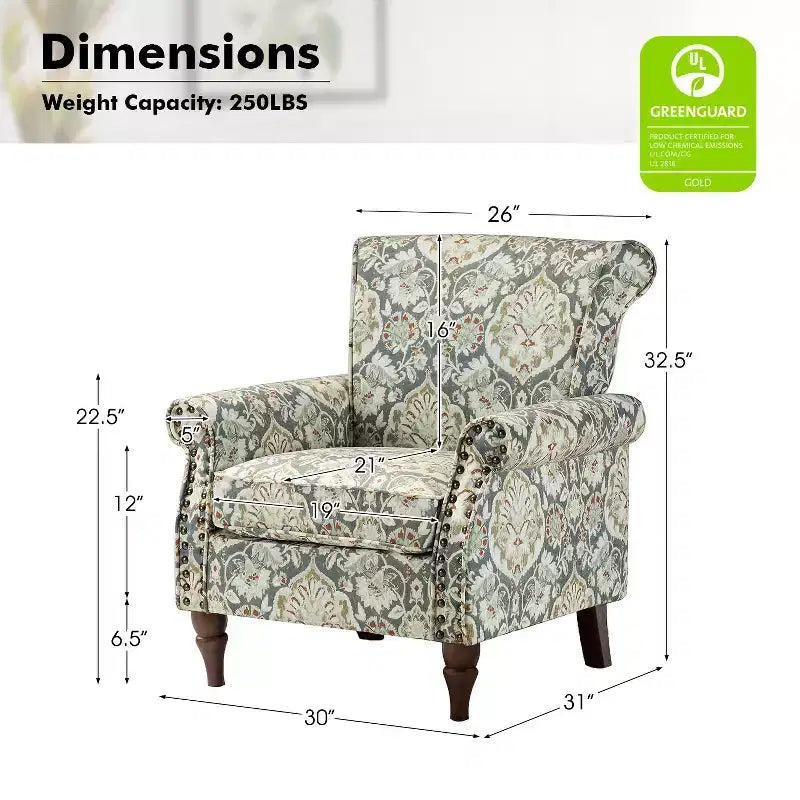 Poltrona Araceli Tradizionale in Legno Imbottita Floreale con Schienale Alto e Borchie | ART OF LIVING DESIGNS