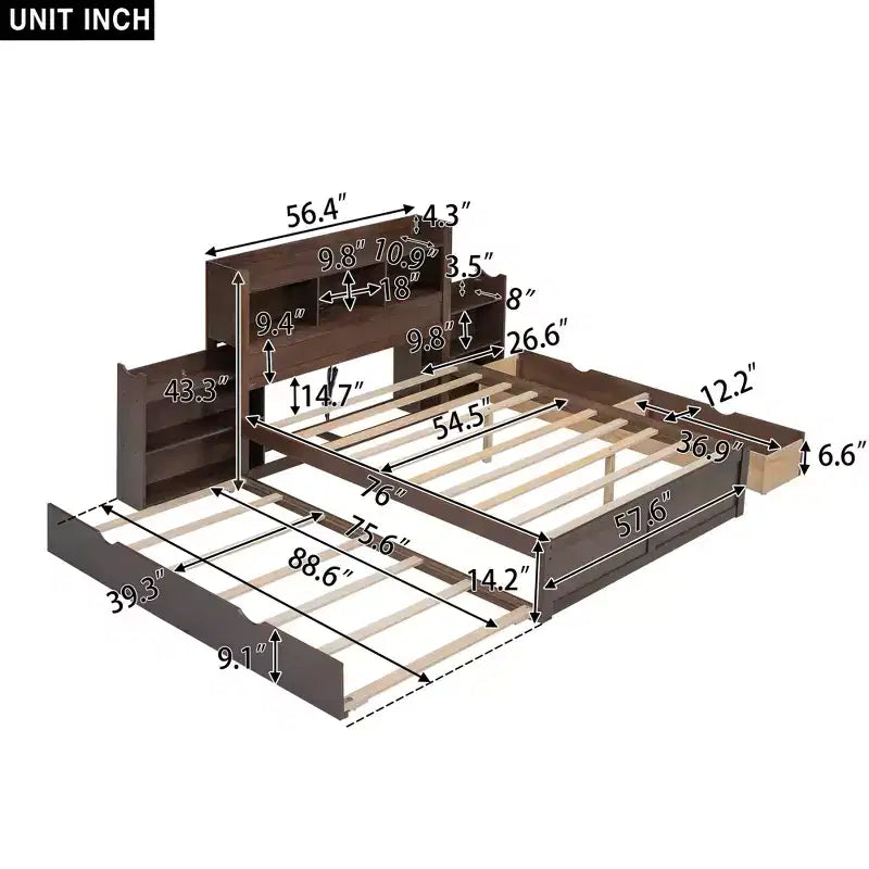 Letto matrimoniale con contenitore, rotelle estraibili, testiera libreria e stazione di ricarica, struttura letto in legno matrimoniale con mensole e cassetti
