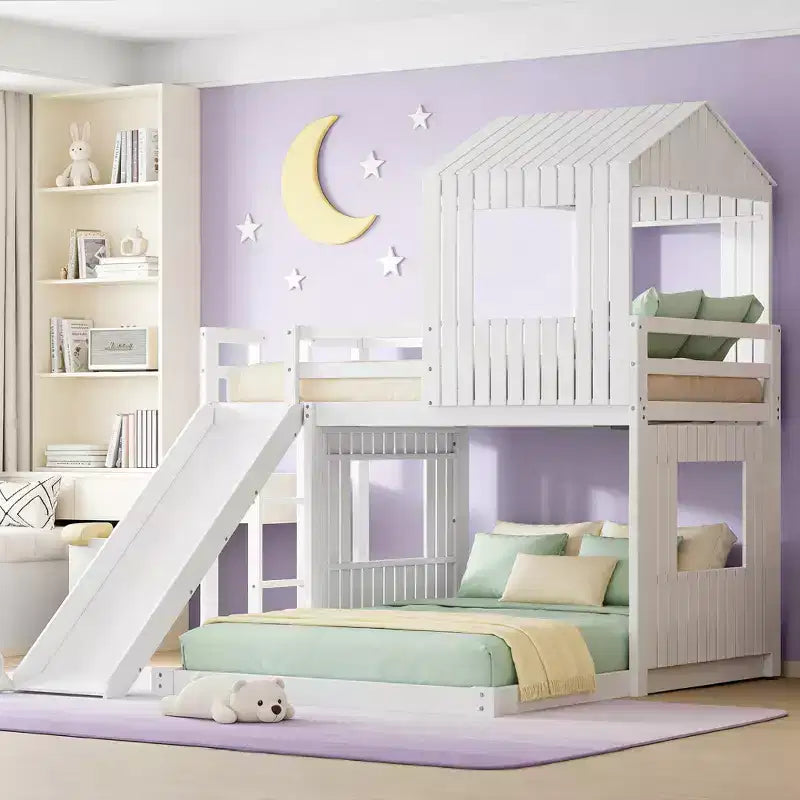Letto a castello in legno Luxystar Twin Over Full con casetta da gioco, scivolo e sponde di protezione
