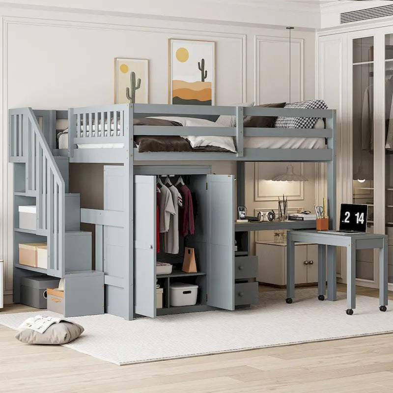 Letto a soppalco full-size con scala, libreria, scrivania e armadio - Mobili multifunzionali salvaspazio per bambini e ragazzi - Bianco