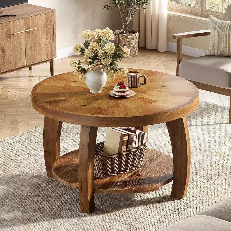 Lantine Tavolino rotondo in legno massello, tavolino a 2 ripiani con portaoggetti, piano da 80 cm con motivo a mosaico, facile da montare, per soggiorno, marrone