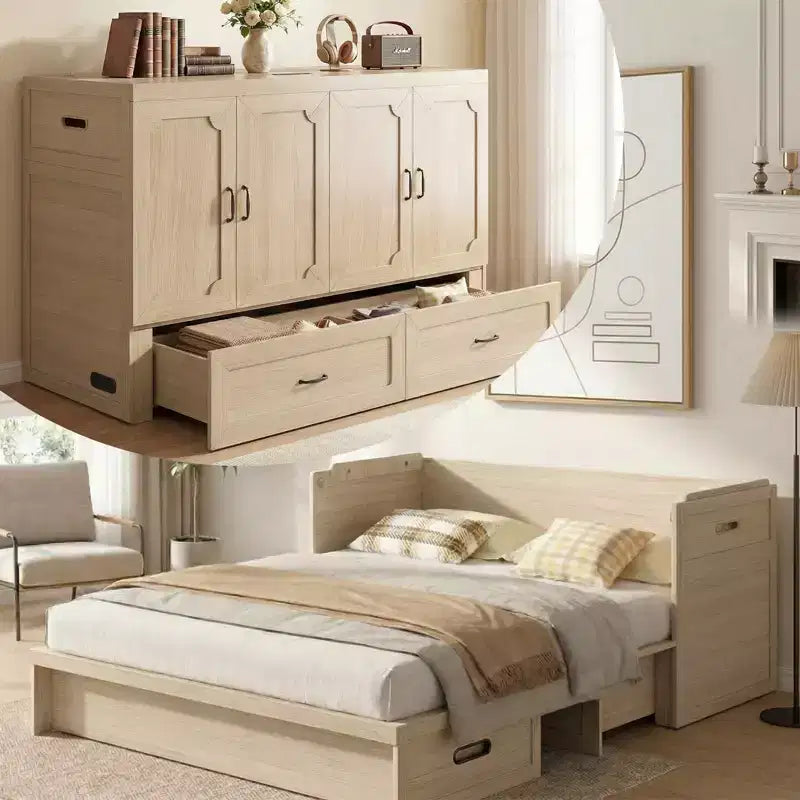 Letto a scomparsa matrimoniale Mjkone con materasso, ricarica USB, cassetti portaoggetti