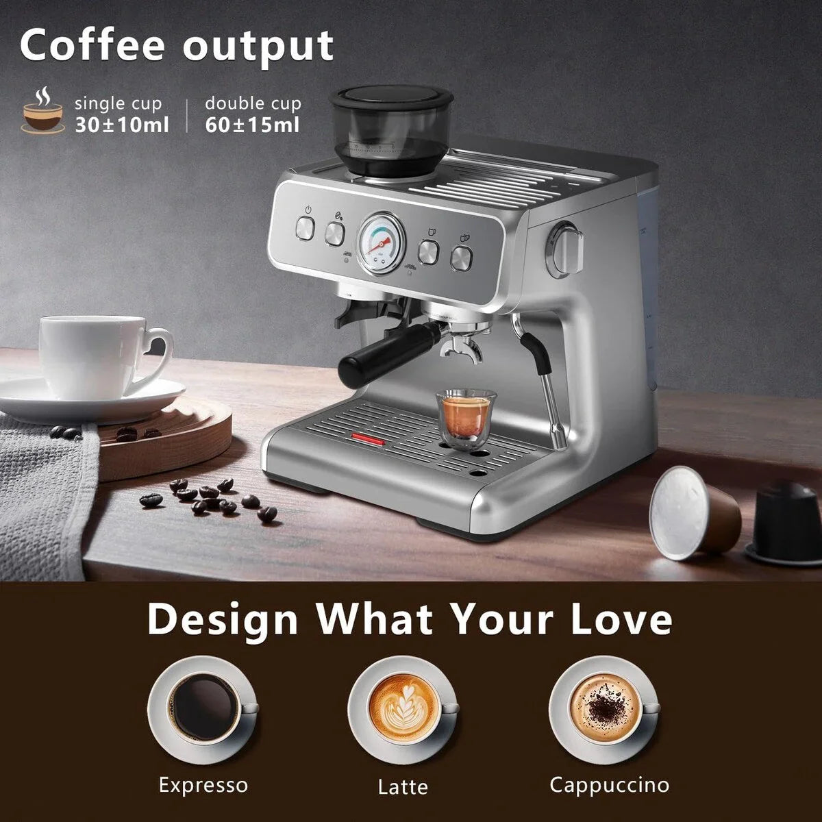 Macchina da Caffè Semi-automatica con Controllo Intelligente della Temperatura e Funzione Acqua Calda, 30 Impostazioni di Macinatura